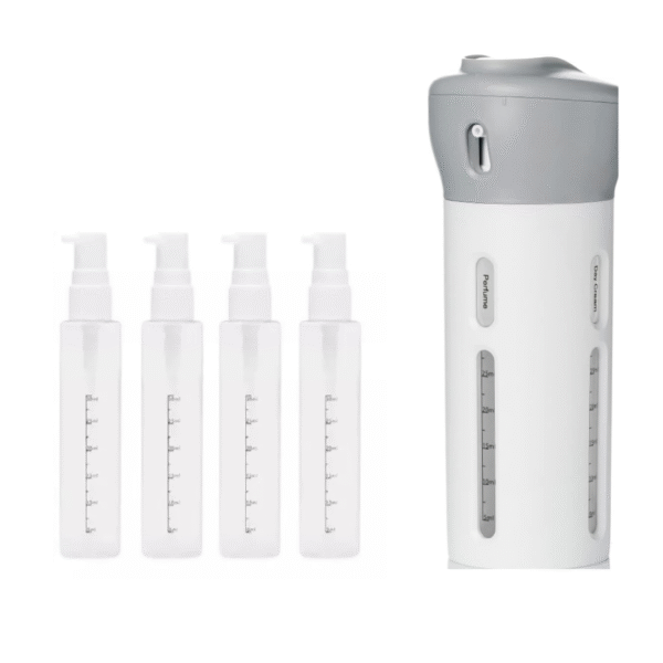 Dispensador de Viaje 4 en 1 para Líquidos | Portátil, Recargable y Antiderrames
